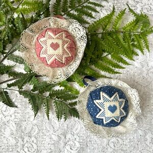 Vintage Handmade Star Quilt Blue & Pink Ornaments